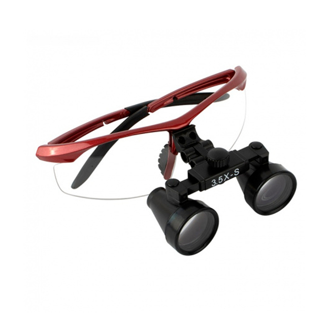 CM3.5X + BP frame - бинокулярные лупы системы Flip-up, увеличение 3.5x, оправа красного цвета
